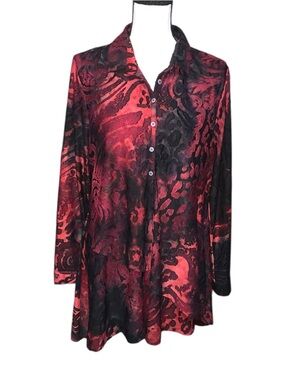 Paris Hues Red Patterned Layered Blouse 1/4 Button Dress Shirt Long Sleeve